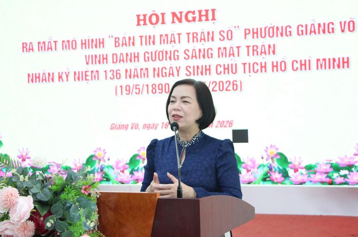 Phó Bí thư Thường trực Đảng ủy phường Giảng Võ Nguyễn Quế Anh phát biểu. Ảnh: MH