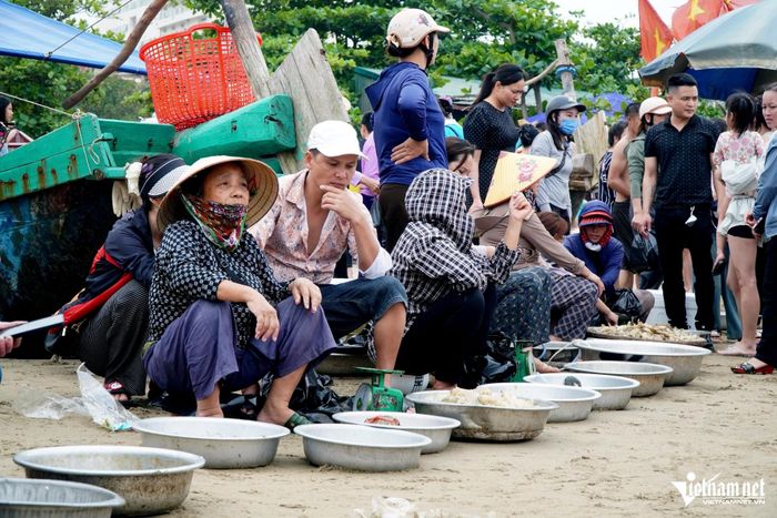 Những ngư dân bán hải sản ngồi ngay ngắn ở khu vực bến thuyền