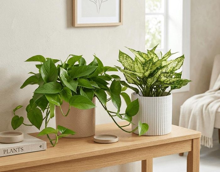Cây trầu bà (trái) và cây ngọc ngân (phải).