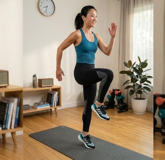 Bài tập đi bộ tại chỗ nâng gối luân phiên giúp cải thiện khả năng phối hợp vận động, giữ thăng bằng và kích hoạt cơ bụng sâu.