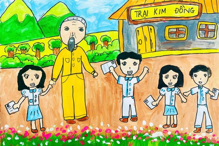 Bức tranh “Trại Kim Đồng” của em Nguyễn Ngọc Khánh, học sinh lớp 5A, Trường Tiểu học Thạch Khê (xã Thạch Khê) để lại nhiều ấn tượng với cách thể hiện sinh động, màu sắc tươi sáng và bố cục rõ nét.
