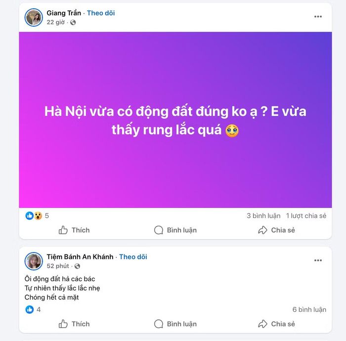 Nhiều người dân ở Hà Nội cảm nhận rõ rung lắc.
