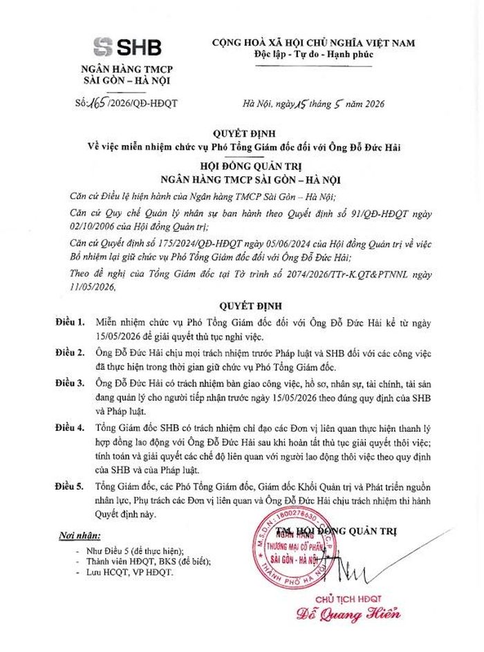 Quyết định miễn nhiệm ông Đỗ Đức Hải của Ngân hàng SHB.