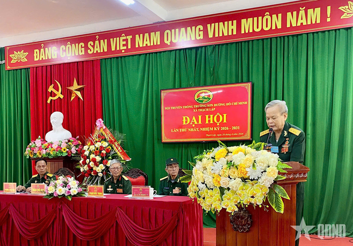 Cựu chiến binh Lê Đức Phán phát biểu tại Đại hội Hội Truyền thống Trường Sơn - Đường Hồ Chí Minh xã Thạch Lập, tỉnh Thanh Hóa, tháng 4-2026.