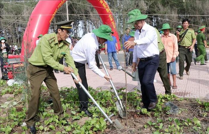 Đại biểu tham gia trồng 2.000 cây phi lao tại khu vực đất rừng phòng hộ thuộc ấp Khoán Tiều, phường Trường Long Hòa. Ảnh: TTXVN phát