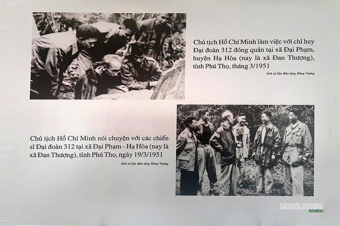 Hình ảnh Chủ tịch Hồ Chí Minh làm việc, nói chuyện với cán bộ, chiến sĩ tại Phú Thọ được tái hiện qua các tư liệu lịch sử.