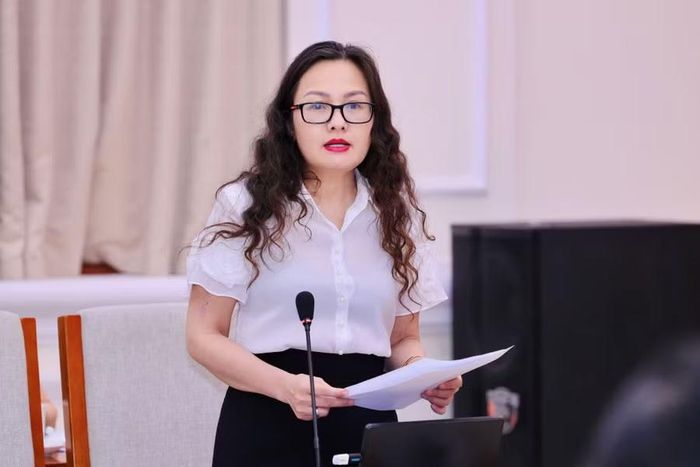 Bà Mai Thị Anh, Vụ trưởng Vụ Pháp chế báo cáo tại hội thảo.
