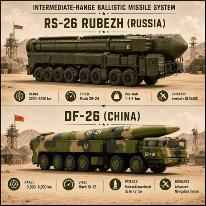 Tên lửa RS-26 Rubezh (phiên bản Oreshnik) của Nga và tên lửa DF-26 của Trung Quốc. Ảnh: Military Power