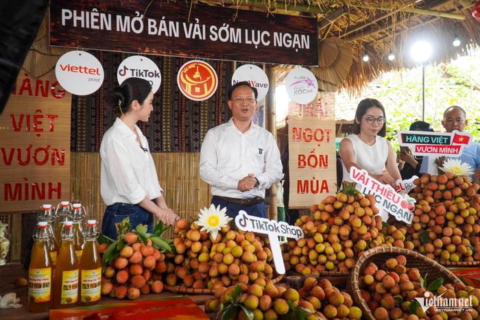 Ông Phạm Văn Thịnh lần thứ hai trực tiếp tham gia livestream, cùng quảng bá và hỗ trợ “chốt đơn” vải thiều chín sớm, tạo hiệu ứng lan tỏa mạnh mẽ. Ảnh: Bảo Khánh