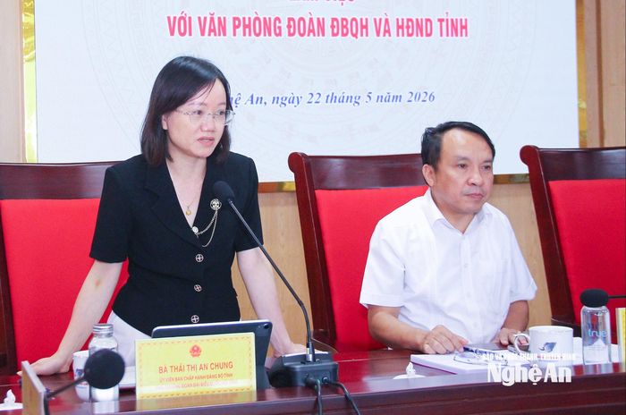 Đồng chí Thái Thị An Chung – Ủy viên Ban Chấp hành Đảng bộ tỉnh, Phó trưởng Đoàn chuyên trách Đoàn ĐBQH tỉnh nêu một số nội dung mà Văn phòng cần tiếp tục đổi mới và tập trung. Ảnh: Mai Hoa