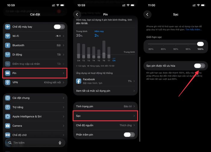  Thao tác bật tính năng tối ưu sạc pin trên iPhone. 