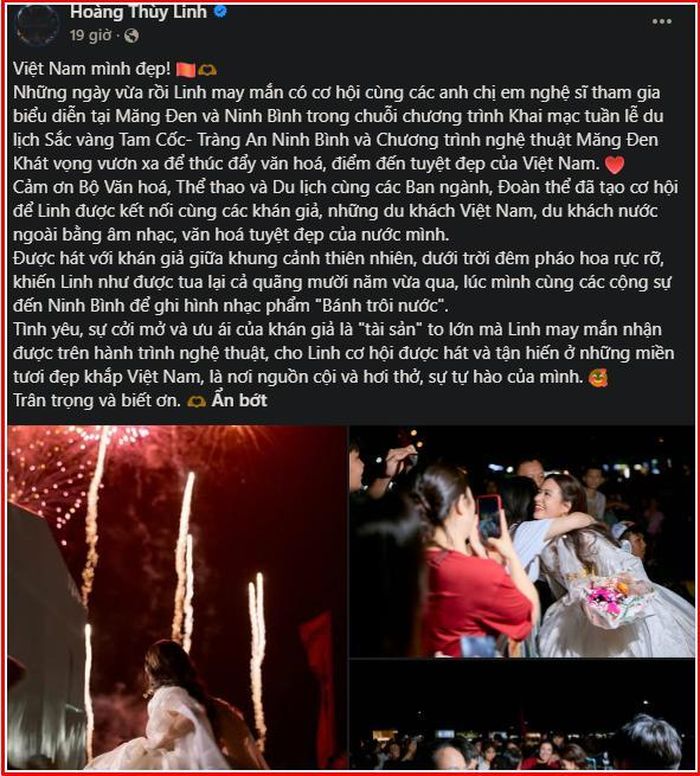 Bài đăng thể hiện sự hạnh phúc của Hoàng Thùy Linh khi được biểu diễn ở khắp mọi miền đất nước.