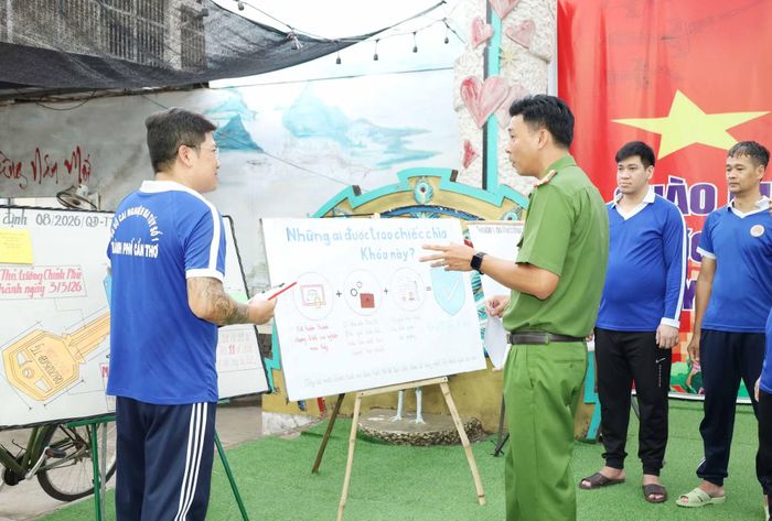 Trung tá Nguyễn Quốc Dũ, Trưởng Cơ sở Cai nghiện số 1 TP Cần Thơ nghe học viên thuyết trình phần thi báo tường về Quyết định số 08.