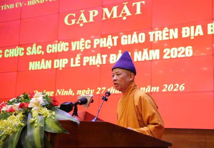 Hòa thượng Thích Thanh Quyết, Phó Chủ tịch Hội đồng Trị sự Giáo hội Phật giáo Việt Nam, Trưởng Ban Trị sự Giáo hội Phật giáo Việt Nam tỉnh Quảng Ninh phát biểu.