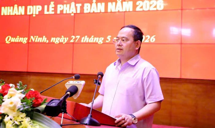 Bí thư Tỉnh ủy Quảng Ninh Quản Minh Cường phát biểu tại buổi gặp mặt. Ảnh: Mỹ Dung