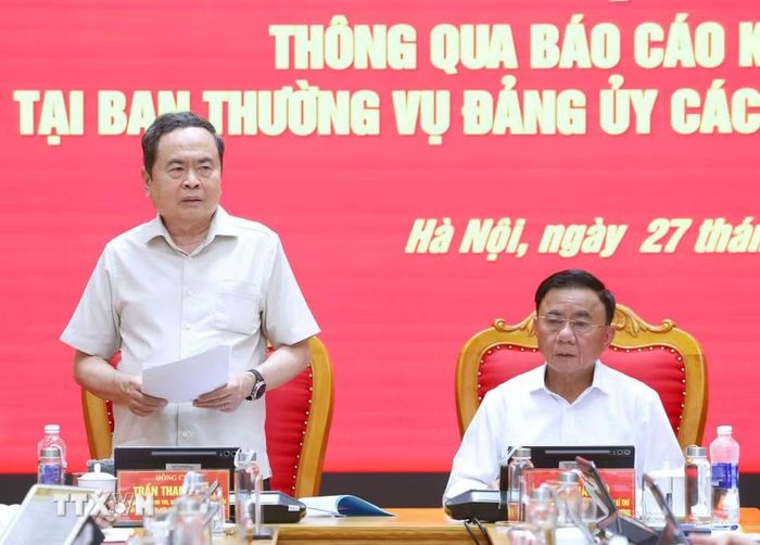 Chủ tịch Quốc hội Trần Thanh Mẫn, Trưởng Đoàn kiểm tra, giám sát số 11 của Bộ Chính trị phát biểu chỉ đạo Hội nghị. (Ảnh: Phương Hoa/TTXVN)