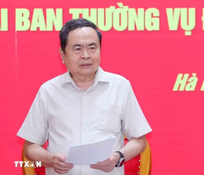 Chủ tịch Quốc hội Trần Thanh Mẫn, Trưởng Đoàn kiểm tra, giám sát số 11 của Bộ Chính trị phát biểu chỉ đạo Hội nghị. (Ảnh: Phương Hoa/TTXVN)