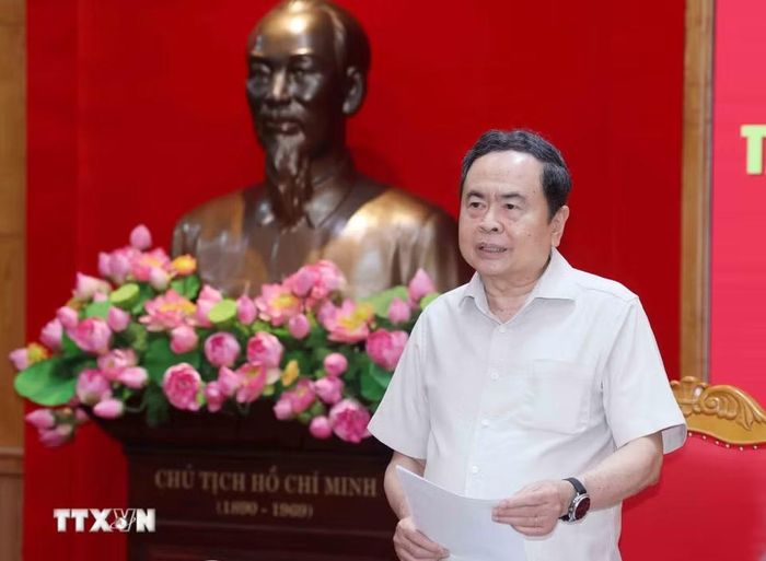 Chủ tịch Quốc hội Trần Thanh Mẫn, Trưởng Đoàn kiểm tra, giám sát số 11 của Bộ Chính trị phát biểu chỉ đạo Hội nghị. (Ảnh: Phương Hoa/TTXVN)