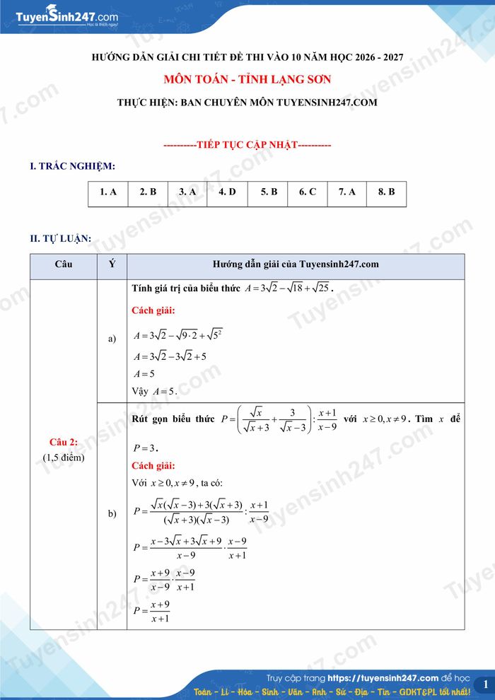 Đáp án Đề thi môn Toán thi vào lớp 10 tại Lạng Sơn