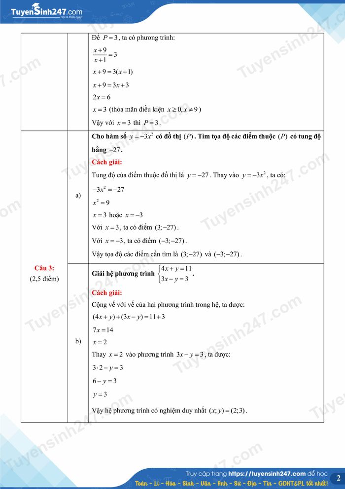 Đáp án Đề thi môn Toán thi vào lớp 10 tại Lạng Sơn