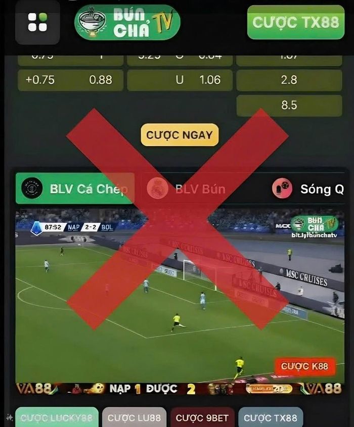 Bún Chả TV phát livestream 1 trận bóng đá vi phạm quyền tác giả.