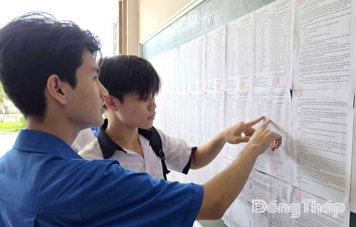 Lực lượng đoàn viên, thanh niên tình nguyện tại Điểm thi Trường THPT chuyên Nguyễn Đình Chiểu (xã Tân Dương) hỗ trợ thí sinh dò lại thông tin.