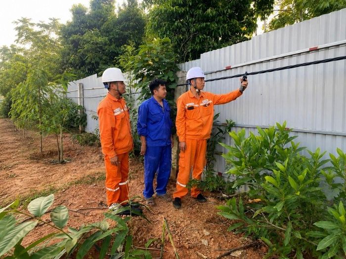 Cán bộ kỹ thuật Điện lực Lập Thạch kiểm tra, xác định nguyên nhân rò điện trên đường dây sau công tơ. Ảnh TC