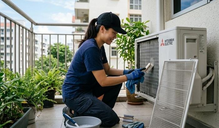 Vệ sinh cục nóng điều hòa cần phải chú ý đến an toàn. Ảnh: FN