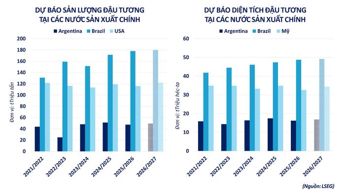 Dự báo diện tích và sản lượng đậu tương tại các nước sản xuất chính. Nguồn: MXV