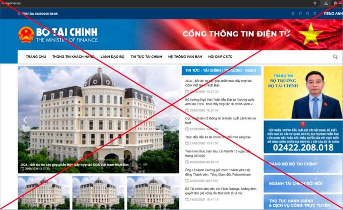 Một trang thông tin mạng giả mạo Bộ Tài chính. Ảnh: MOF.
