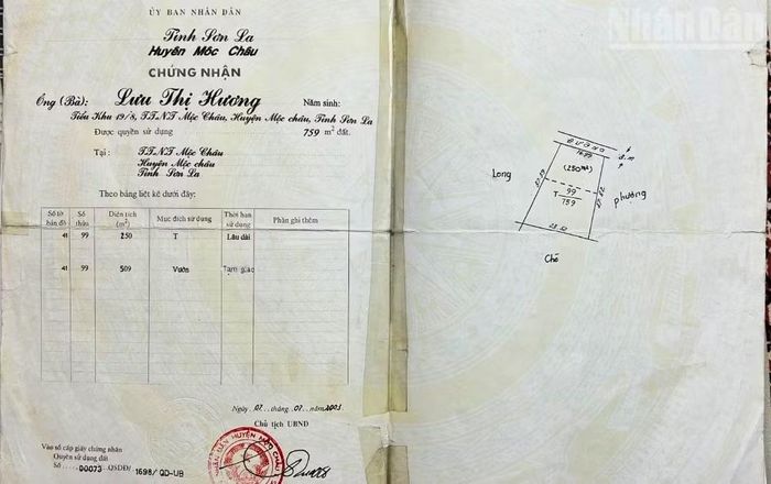 Giấy chứng nhận quyền sử dụng đất của bà Lưu Thị Hương, thửa 91, tờ bản đồ số 41 đã chuyển nhượng cho ông Nguyễn Quang Huy không sang tên được vì bị chồng lấn khoảng 80m² đất với Vinatea Mộc Châu sau đợt đo đạc năm 2015.