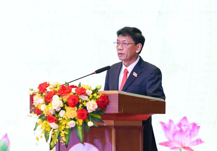 Chủ tịch Hội đồng Dân tộc Lâm Văn Mẫn phát biểu tại lễ kỷ niệm. (Ảnh: DUY LINH)