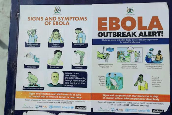 Áp phích tuyên truyền phòng, chống lây lan virus Ebola tại Trung tâm Y tế Platinum ở Kampala, Uganda. Ảnh: Yonhap News