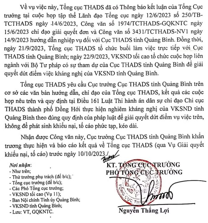 Một trong nhiều văn bản của Tổng cục THADS yêu cầu Cục THADS Quảng Bình nghiêm túc thực hiện chỉ đạo.