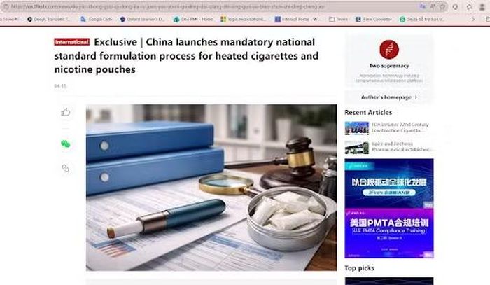 Cơ quan Quản lý Độc quyền Thuốc lá Nhà nước của Trung Quốc đang xây dựng bộ tiêu chuẩn kỹ thuật quốc gia cho thuốc lá nung nóng và túi ngậm nicotine. Ảnh: cn.2firsts.com