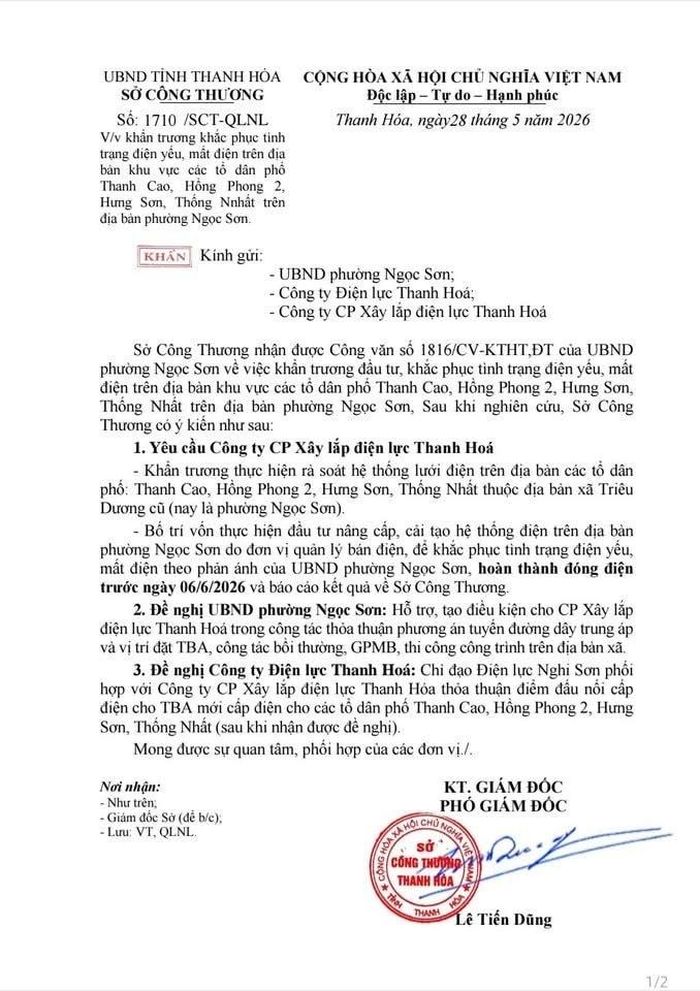 Văn bản chỉ đạo khẩn của Sở Công thương Thanh Hóa.