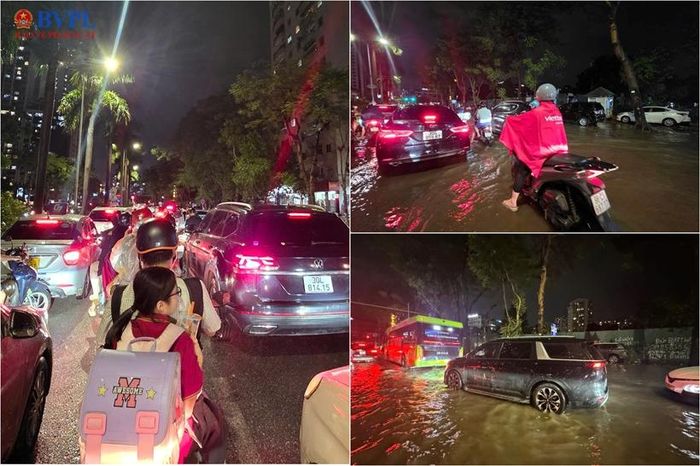 Trên đường Hàm Nghi, các xe máy dồn sang làn trái để di chuyển do sợ nước ngập chết máy.