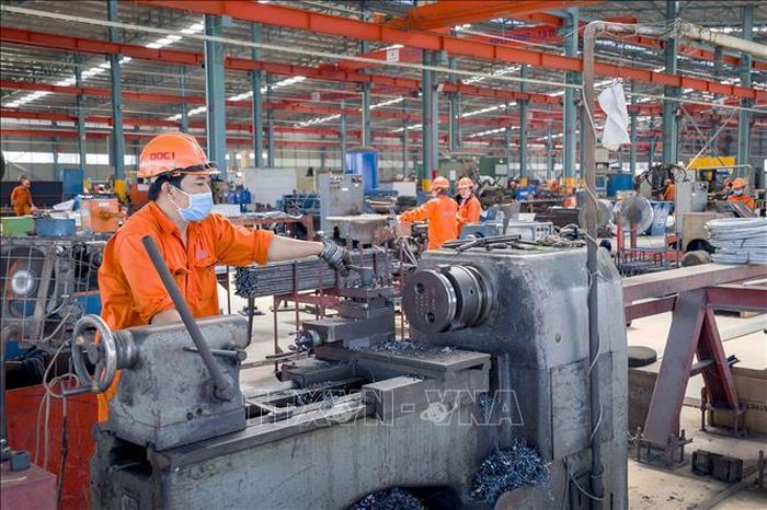 Công nhân lao động tại nhà xưởng Công ty cổ phần Cơ khí xây dựng thương mại Đại Dũng tại khu Công nghiệp An Hạ, TP Hồ Chí Minh. Ảnh tư liệu: Thanh Vũ/TTXVN
