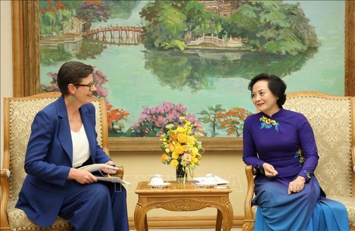 Phó Thủ tướng Phạm Thị Thanh Trà tiếp Tiến sĩ Angela Pratt, Trưởng Đại diện Tổ chức Y tế Thế giới (WHO) tại Việt Nam. Ảnh: Lâm Khánh/TTXVN.