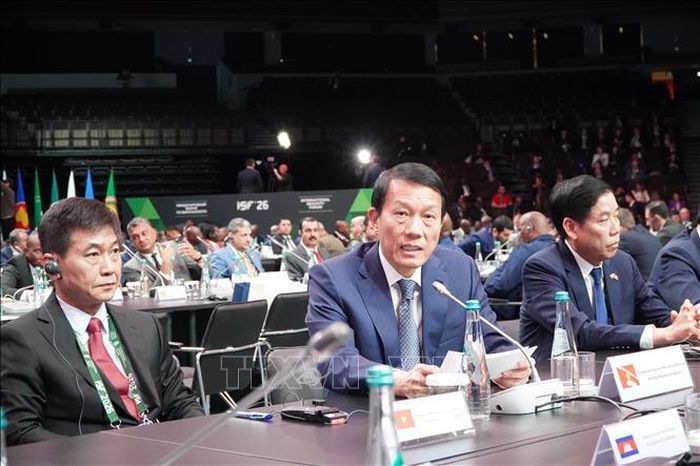 Đại tướng Lương Tam Quang, Ủy viên Bộ Chính trị, Bộ trưởng Bộ Công an phát biểu tại Hội nghị. Ảnh: Tâm Hằng/PV TTXVN tại LB Nga