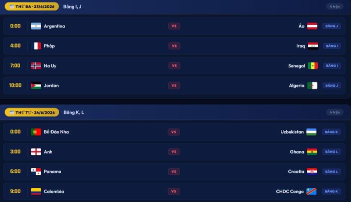 Lịch thi đấu World Cup 2026 từ ngày 23/6 đến 24/6.