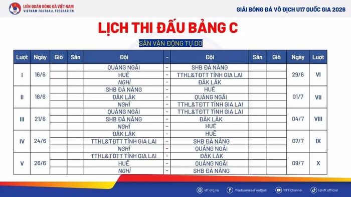 Lịch thi đấu bảng C vòng loại Giải bóng đá vô địch U17 quốc gia 2026. Ảnh: BTC