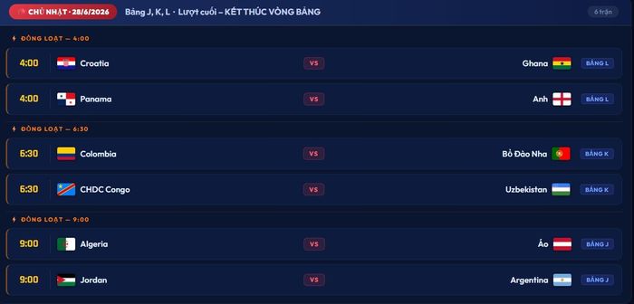 Lịch thi đấu lượt cuối vòng bảng World Cup 2026 các bảng J, K, L ngày 28/6.