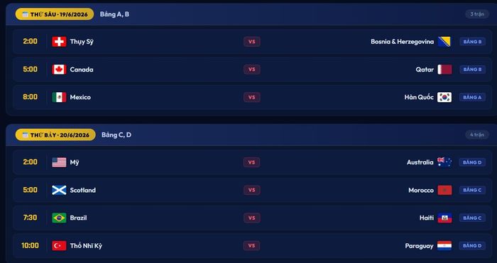 Lịch thi đấu World Cup 2026 từ ngày 19/6 đến 20/6.