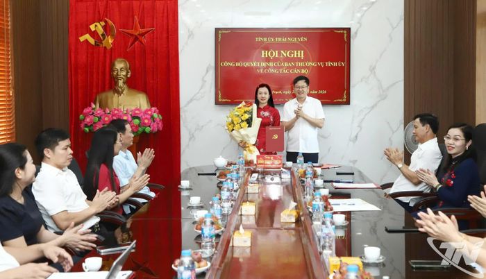 Đồng chí Đinh Quang Tuyên trao quyết định của Ban Thường vụ Tỉnh ủy cho đồng chí Hoàng Hải Hà.