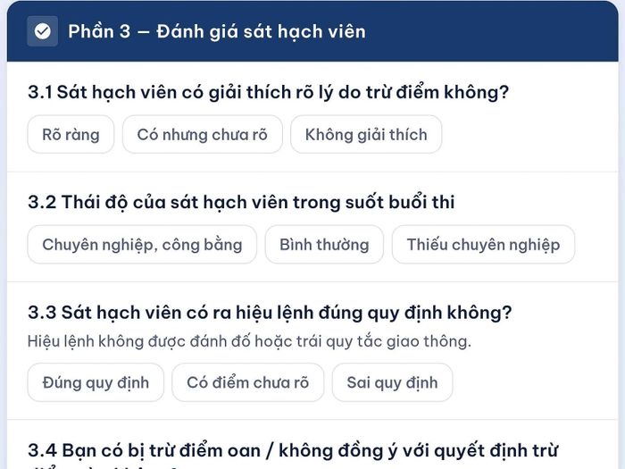 Nội dung khảo sát tập trung đánh giá chất lượng tổ chức sát hạch, thái độ phục vụ của sát hạch viên, tính minh bạch, công bằng cũng như kịp thời phát hiện, phòng ngừa tiêu cực trong công tác sát hạch lái xe. Từ ngày 1/1 đến 23/5, Phòng CSGT Công an Hà Nội đã tổ chức 627 kỳ sát hạch lái xe, gồm 347 kỳ sát hạch ô tô và 280 kỳ sát hạch mô tô. Tổng số hồ sơ sát hạch lái xe ô tô đạt hơn 274.000 học viên.