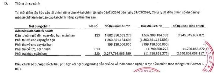  Tasco điều chỉnh số dư đầu kỳ của một số chỉ tiêu trên báo cáo tài chính riêng. 