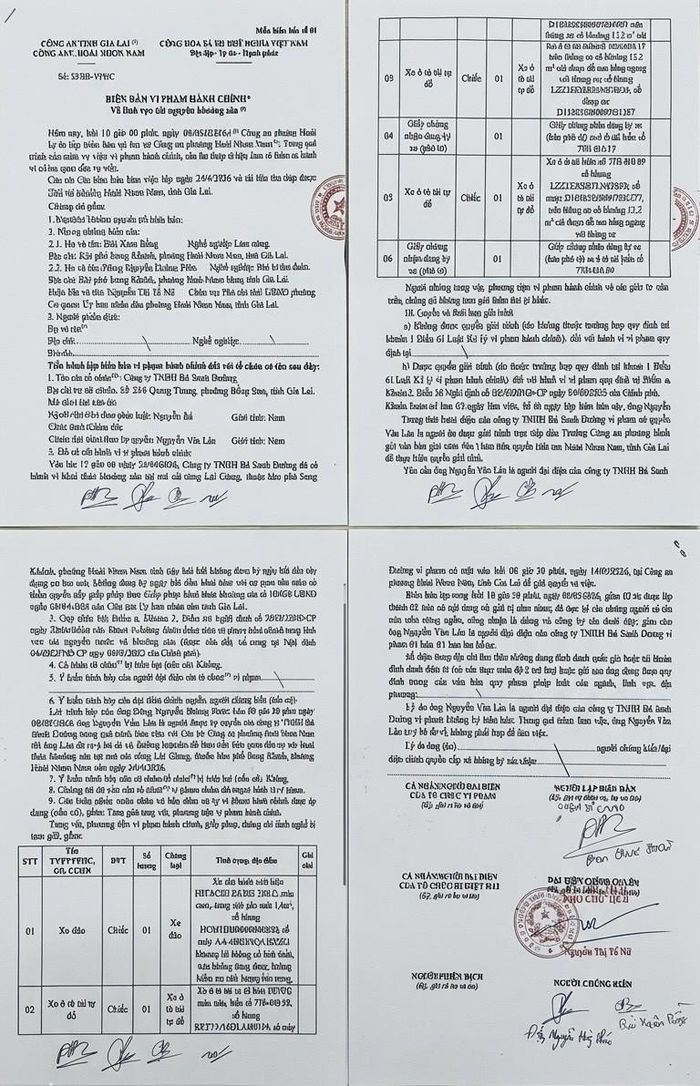 Biên bản vi phạm hành chính liên quan hoạt động khai thác khoáng sản tại khu phố Song Khánh. 