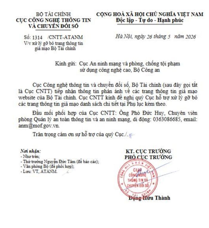 Bộ Tài chính chủ động phối hợp các cơ quan liên quan gỡ bỏ các trang thông tin giả mạo.