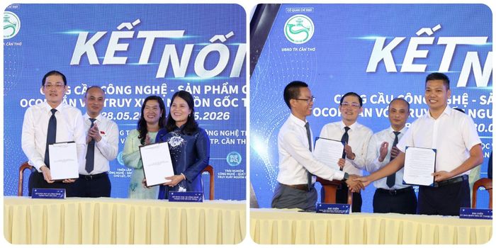 Lễ ký kết hợp tác giữa Sở Khoa học và Công nghệ TP. Cần Thơ và Sở Khoa học và Công nghệ TP. Hồ Chí Minh (bên trái); Biên bản ghi nhớ giữa Trung tâm Ứng dụng tiến bộ KH-CN TP. Cần Thơ và UBND xã Thạnh Phú. Ảnh: Nguyễn Hành